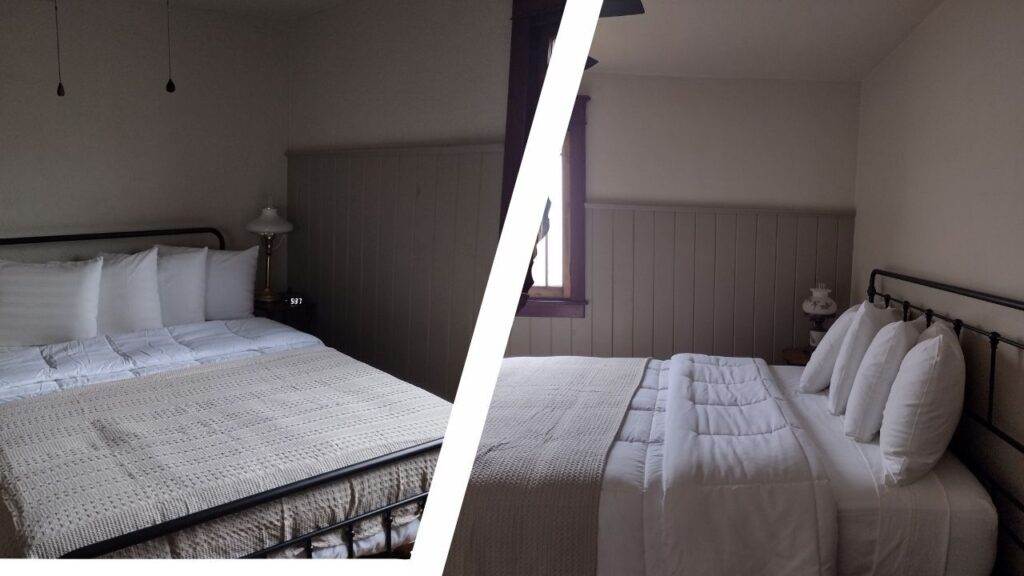 The image shows a split view of two similar hotel bedrooms, each with a neatly made bed, multiple pillows, lamps, and neutral-colored walls.
